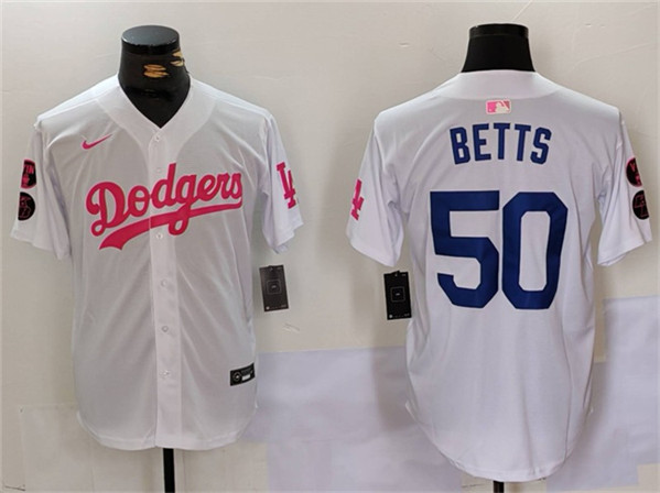 Los Angeles Dodgers #50 Mookie Betts White Pink Vin Kobe Patch Stitched Jersey